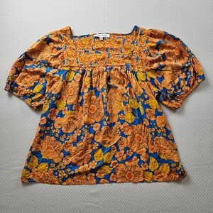 Women L Floral Blouse Retro Boho 70s Mod Puff Sleeve Orange Blue Cottage Twee